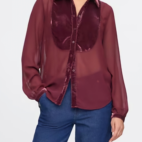 Gap Chic Burgundy Velvet Panel Blouse Classic Bib Shirt - Picture 2 of 3